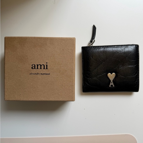 Ami Black Leather Card Holder with Heart Accent